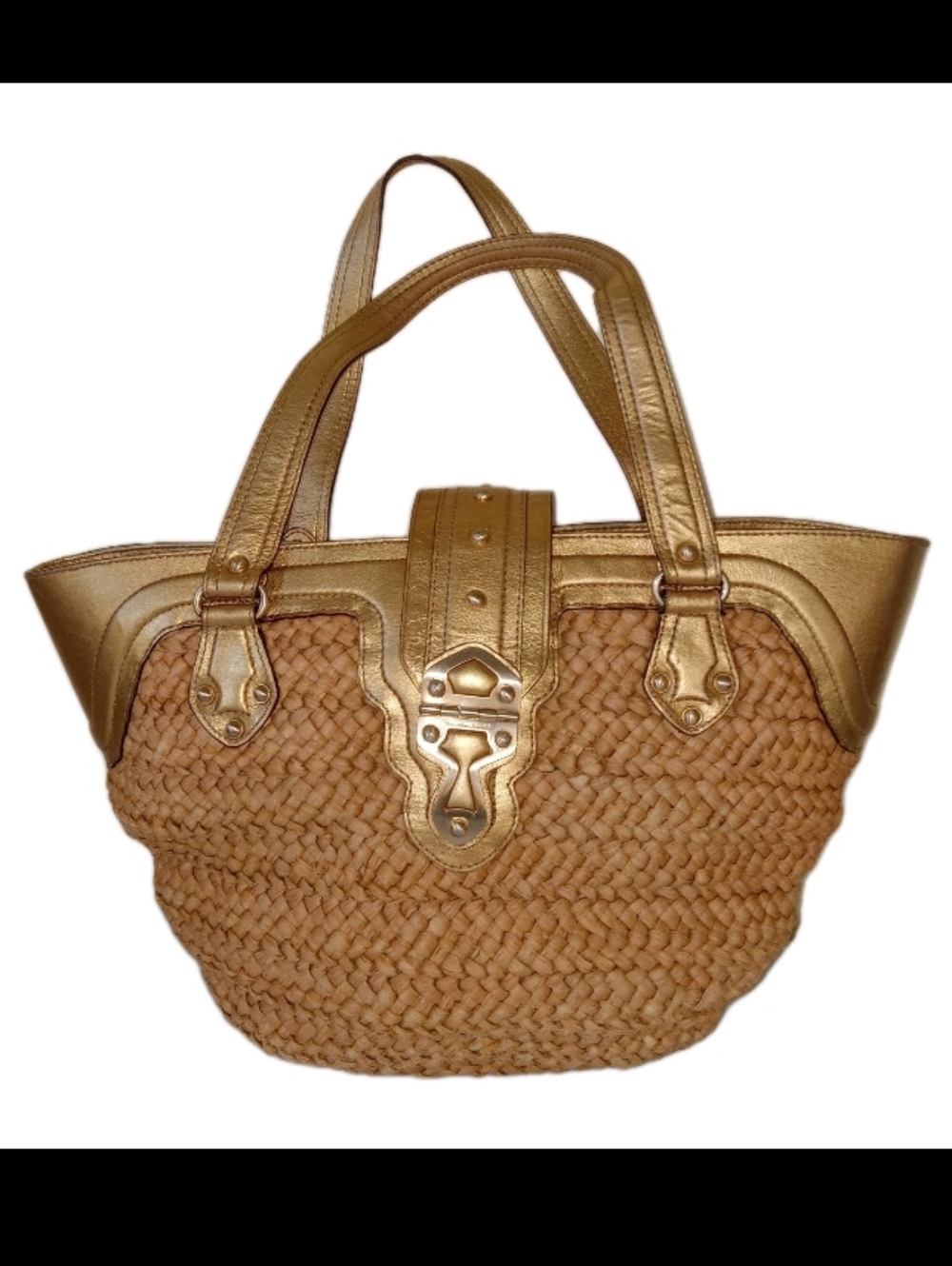 Michael Kors Straw Woven Metallic Gold Leather Trim Hanbag Tote Large